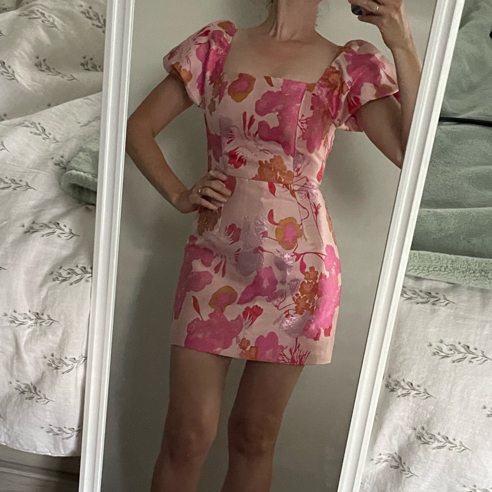 Pink and Orange Multi Floral Jacquard Puff Sleeve Mini Dress - Picture 10 of 11